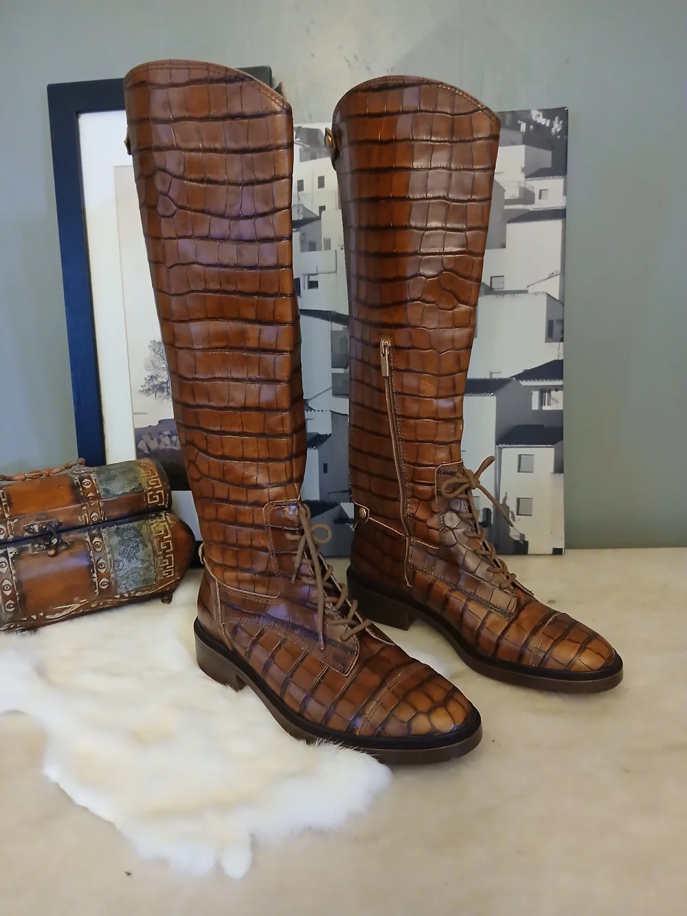 Vince Camuto Tall Brown Croc-Embossed Lace-Up  Riding Boots 